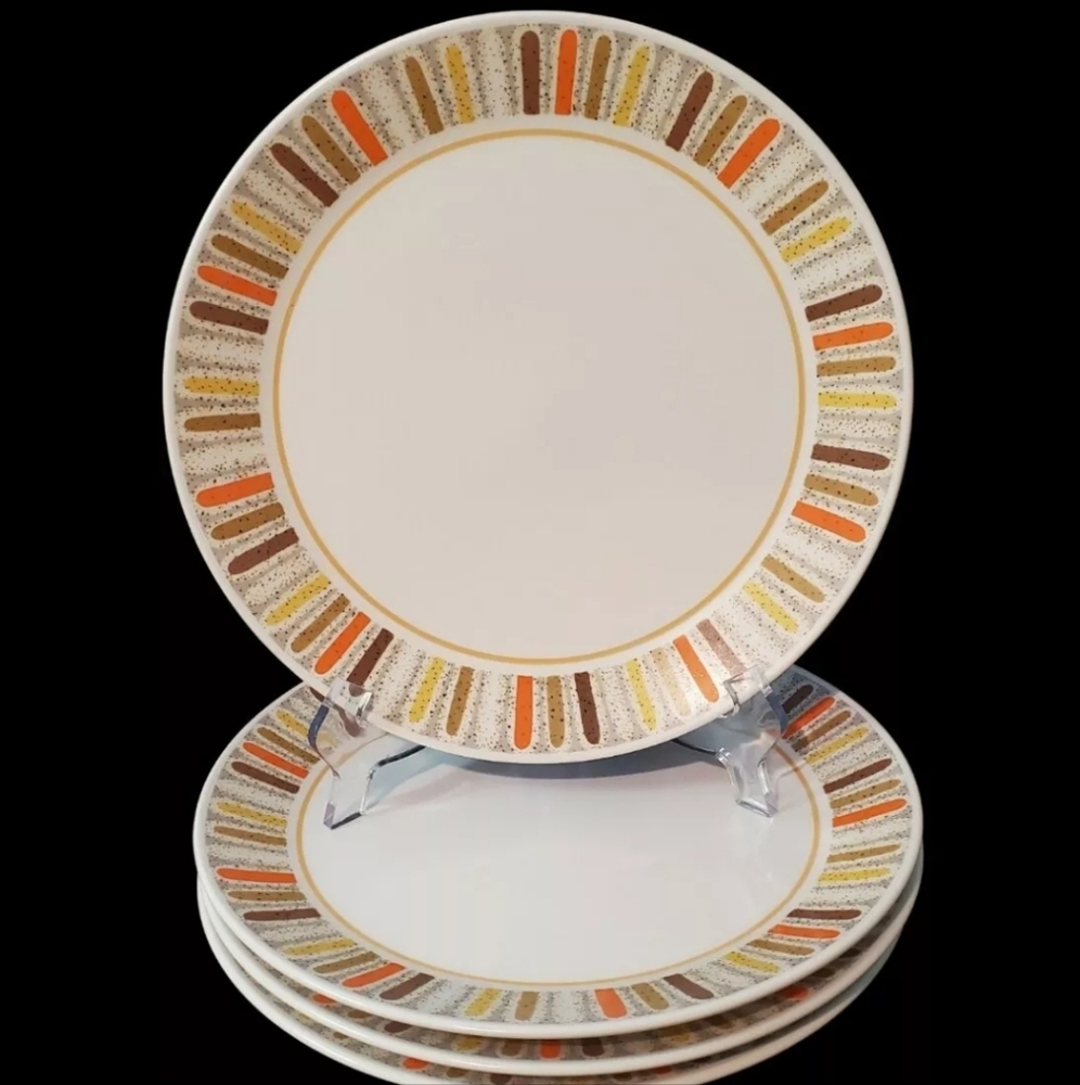 4 Vintage Noritake "Mardi Gras" Dinner Plates Orange Brown Yellow Patterned